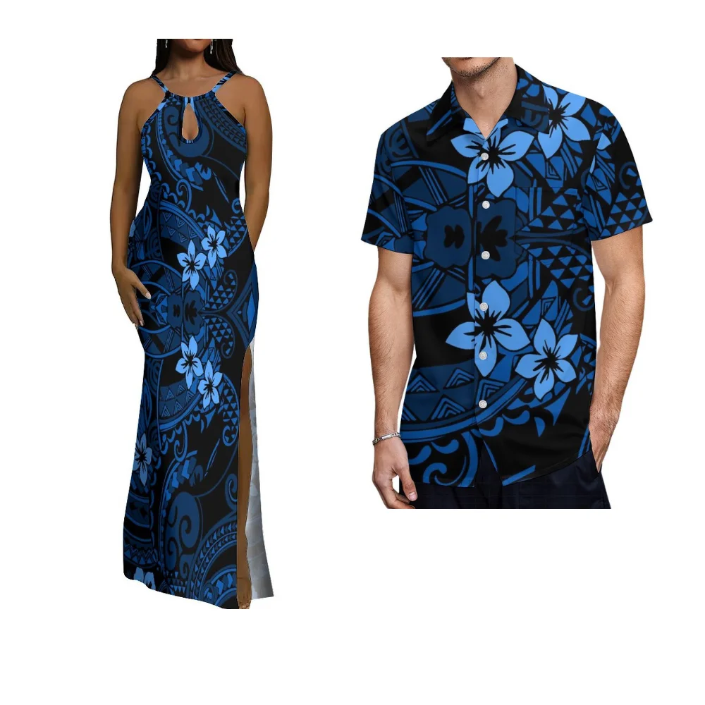 2025年サモア島カップル服サマーノースリーブスリムフィットレディースドレスメンズシャツポリネシアンオフショルダースリットドレス