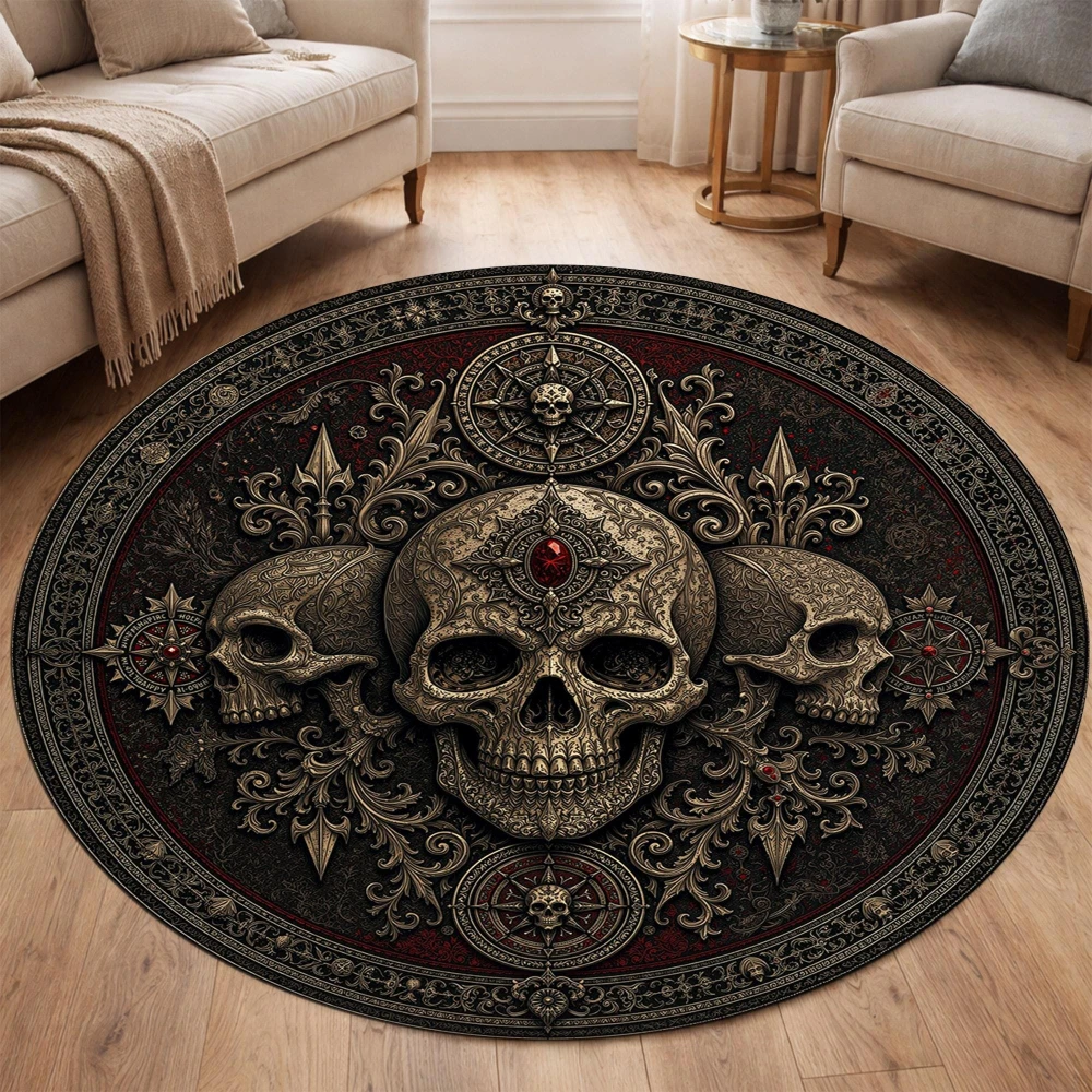 Gothic Triple Skull Ornate Scroll Compass Antique print Round Rug,Living Room,Lounge,Entryway Non Slip Rug Keepsake