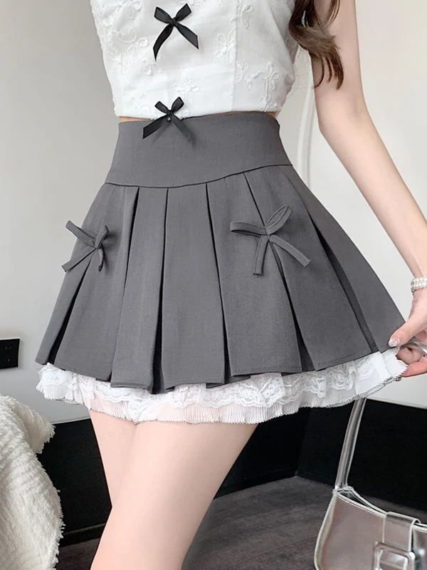 High Waist A-Line Short Skirt with Lace Paneling And  Knot Design Women's Premium Pleated  Skirt for Autumn
