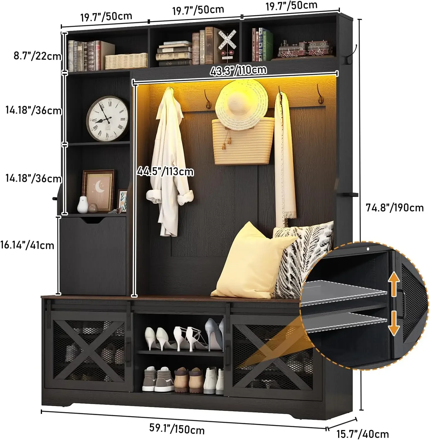 [Discounted Price!Free Shipping!]75''H LED Farmhouse Hall Tree with Bench and Shoe Storage,Entryway Bench with Coat Rack,16 Shoe