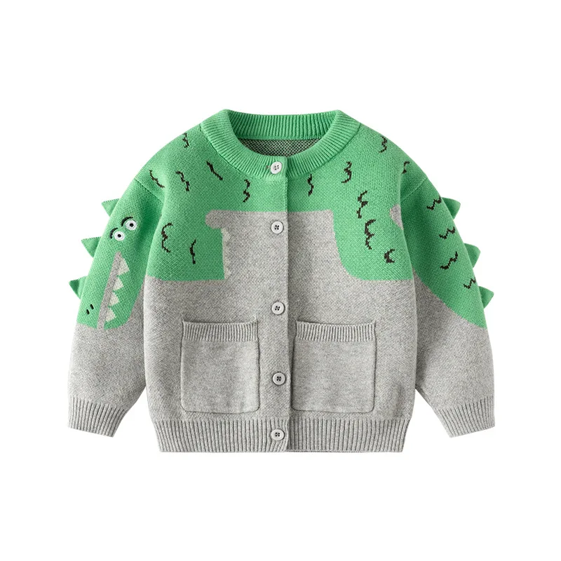 2-6 Year Spring Autumn Children Boys Sweater Cartoon Dinosaur Jacquard Toddler Boys Cardigan Patchwork Knitted Baby Boy Knitwear