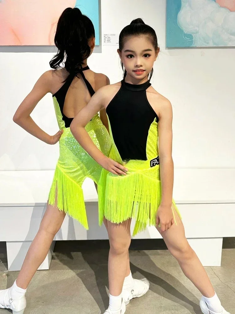 

Новое детское платье для латинских танцев Rumba Cha Cha Samba для девочек, платья для бальных танцев, юбка с кисточками, бахрома, платье для латинских танцев
