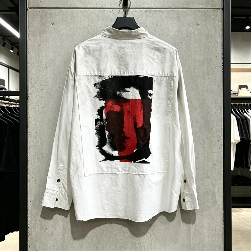 Stain Saint Tearing DO YOU KNOW WHO I AM Print Shirt Men Women Casual Back Patch Blur Portrait Pattern V-shape Long Sleeve Shirt