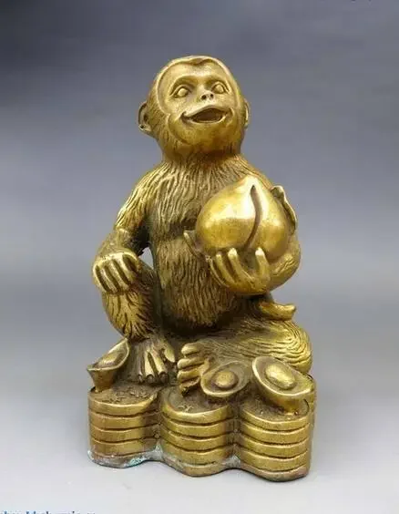 China brass copper carved Feng Shui yuan bao Peach monkey Sculpture Statue