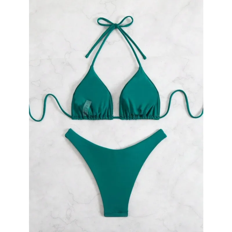 

2025 Women's Solid Color Halter Tie Bikini Set Set Simple Fashion For Beach Swimsuit Casual Everyday Wear Swimwear Brazilian