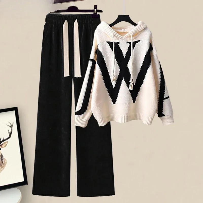 

Autumn/Winter Women's Set 2024 New Korean Edition Casual Sweater Waist Cinching and Slimming Wide Leg Pants Two-piece Set