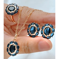 Kinel Unusual Shiny Oval Blue Natural Zircon Ring Earrings Necklace for Women Trend 585 Rose Gold Color Daily 3pcs Jewelry Sets