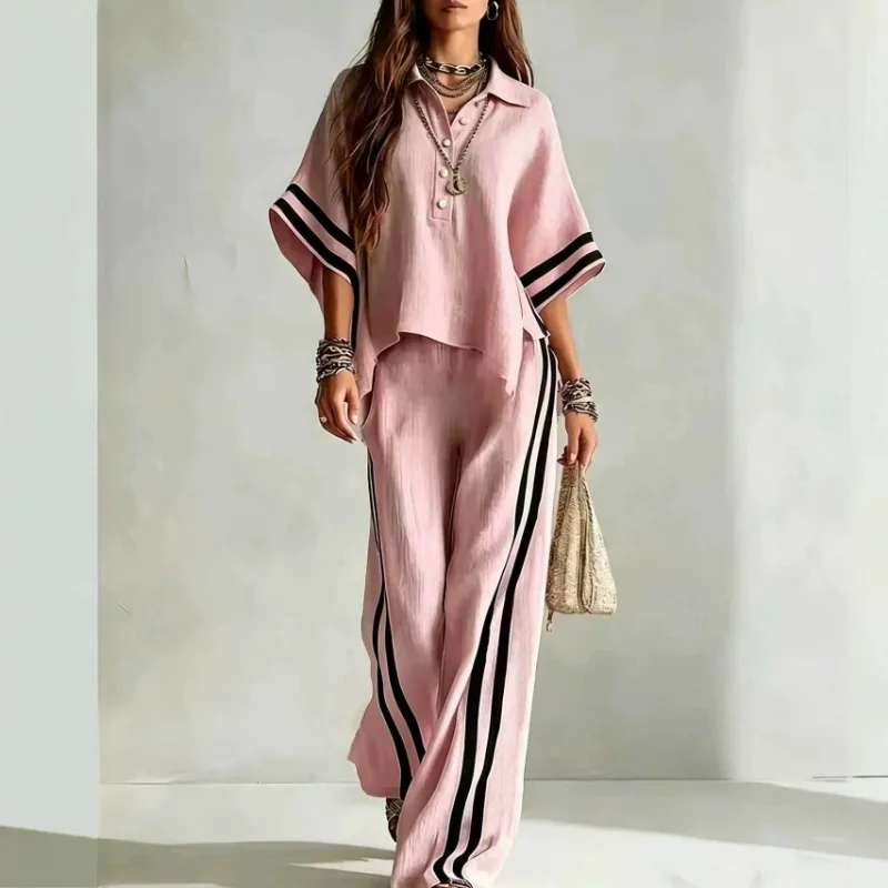 Autumn Summer New Women Clothes Short-sleeved Shirts Straight-leg Pants Two-piece Sets Streetwear Pants Set Patchwork Outfit