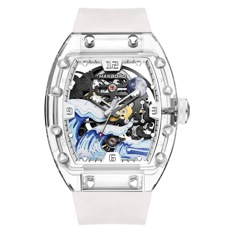 

HANBORO Men Automatic Watch 42.5mm*52mm Mechanical Wristwatch Luminous Tonneau Transparent Acrylic Case Waterproof Wave Track