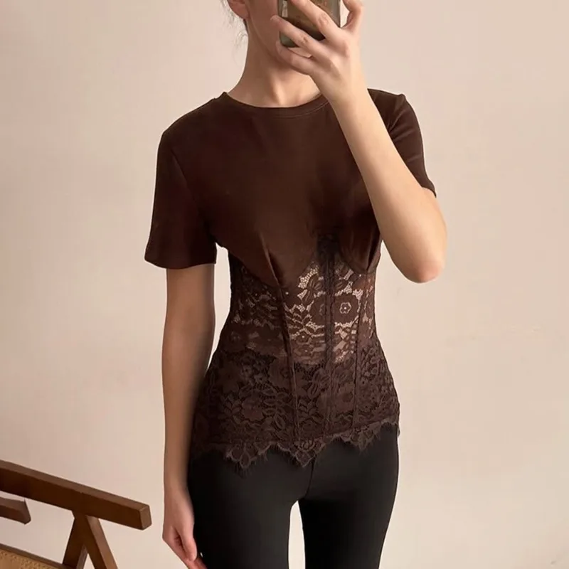 Chic Women's Summer Lace Print See-Through T-Shirt