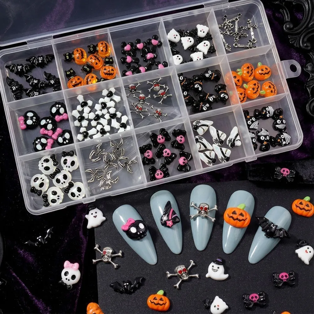15grid/90pcs 3D Cute Halloween Skull/Ghost/Cat/Pumpkin/Bat/Bow Nail Gems Metal Spider&Cross Nail Charms Flatback Halloween Nails