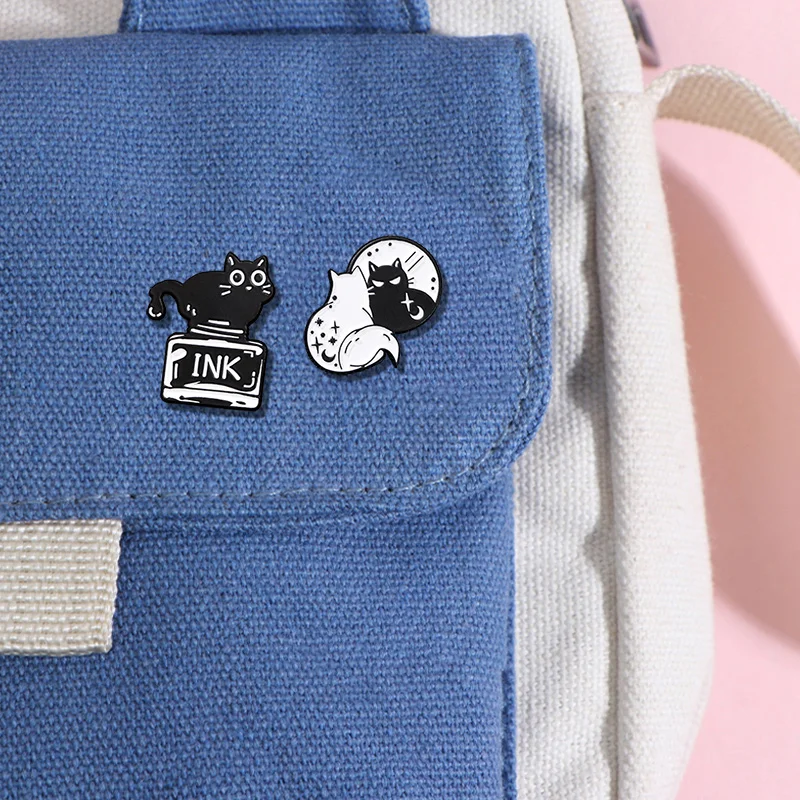 4Styles Creative Black Cat And Skull Head Enamel Pins Ink Mirror Kitty Brooches Best Gift For Pet Lovers