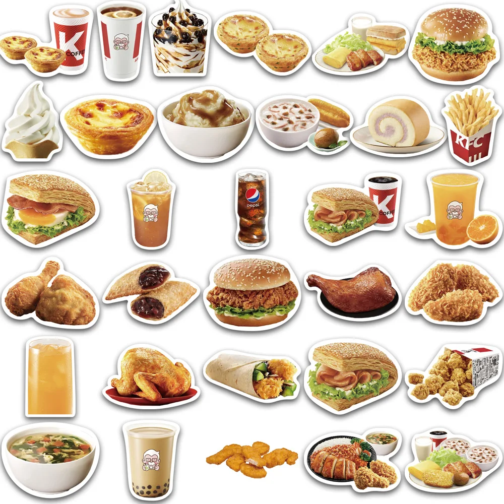 10/64PCS KFC Food Hamburg  Stickers Vintage For Decor DIY Kids Notebook Luggage Phone Motorcycle Laptop Refrigerator Decal Toys