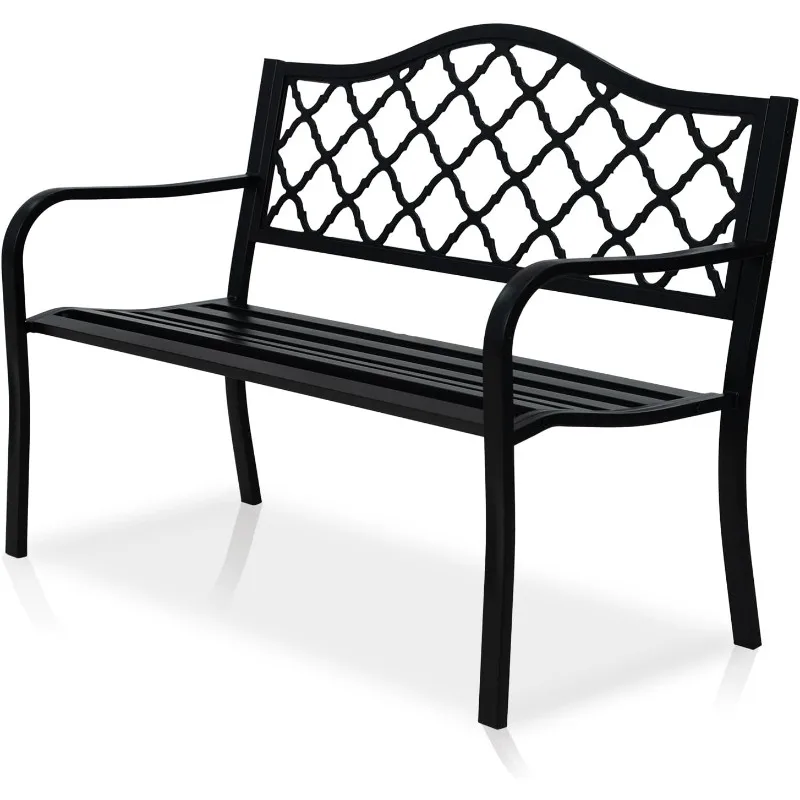 

50" Outdoor Bench with Diamond Mesh Pattern Backrest & Straight Legs, Cast Iron Metal Garden Bench, Steel Frame Patio Bench