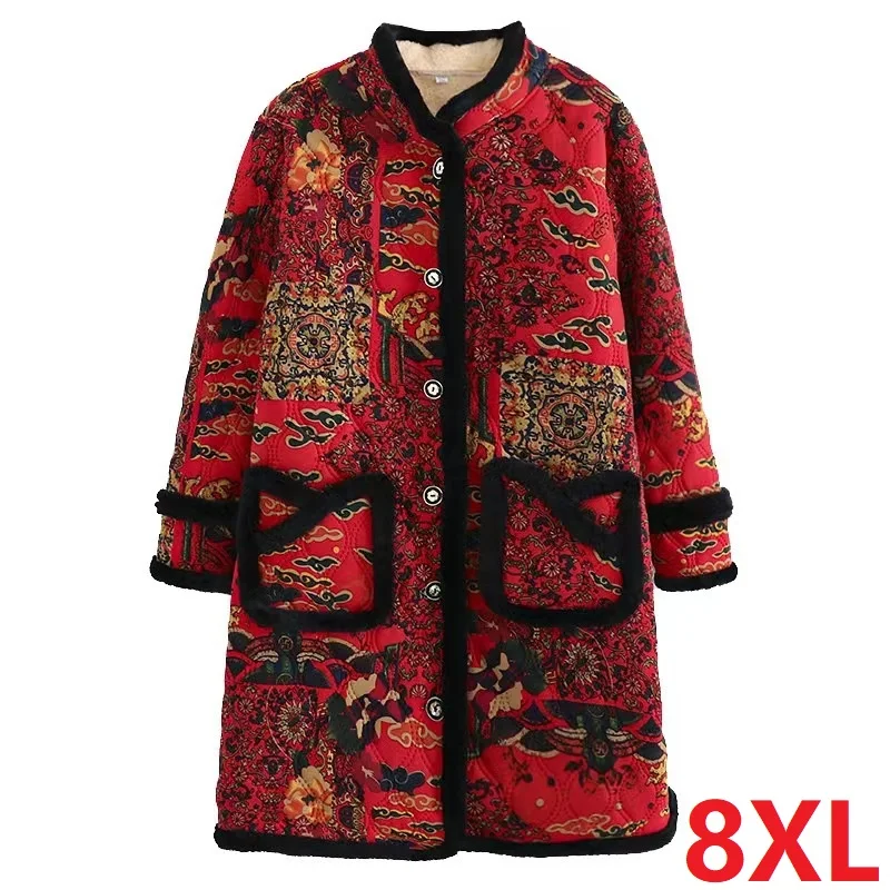 

Middle-aged Elderly Womens Cotton Padded Jacket Winter Coat New Printed Long Oversize Velvet Cotton Clothes Female Outerwear 8XL