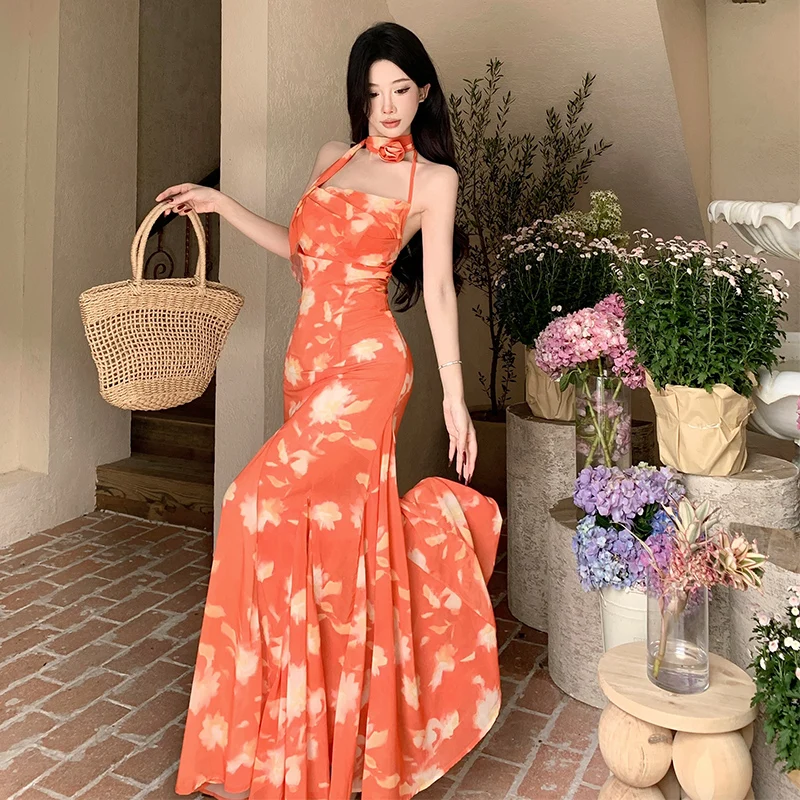 n Sle Maxi Dr Evening Orange Sunset Illusion Beach Vaion Abito da donna lungo fino al pavimento con sospensione floreale Ne De...