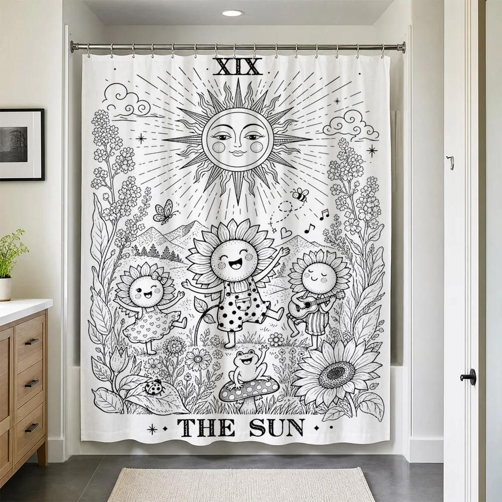 Whimsical Botanical Line Art Black and White Sun Sketch Shower Curtain Boho Bathroom Decor Mural Liner Artistic Celestial Curtai