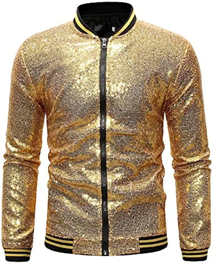 

Men's Sequin Jacket 70s Disco Christmas Party Varsity Jacket Zip-up Baseball Bomber