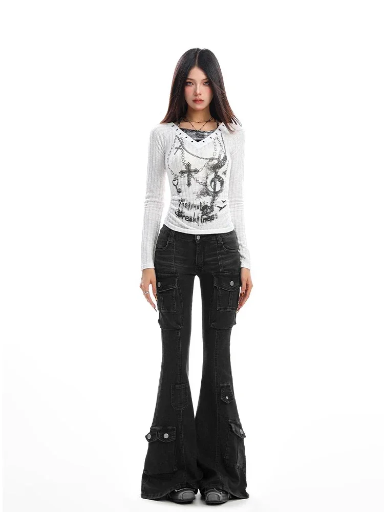 IMU Women Low Rise Cargo Jeans Washed Do Old Whiskers Multi-pocket Skinny Bootcut Pants Grunge Acubi Fashion Streetwear