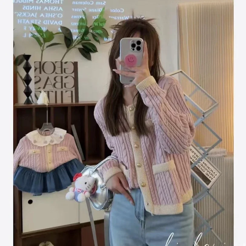 Mother and Daughter Purple Cardigan Sweater Autumn Winter Women's Knitwear 2024 Mom and Me Knitted Pullover Baby Girls Knit Coat