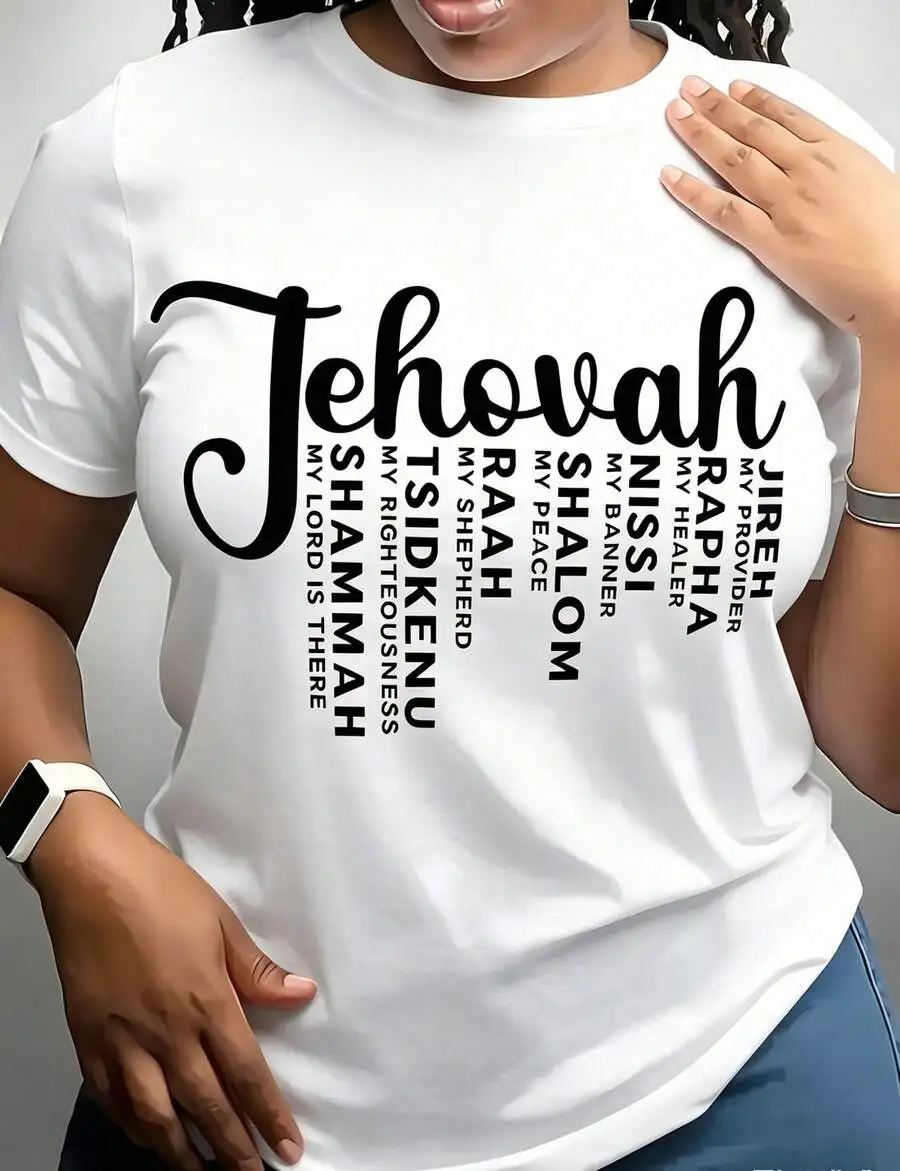 2026 New Women Crew Neck Jehovah Graphic Print White Short Sleeve T Shirt Knit Fabric Regular Fit Cotton Tee Spring Summer Casual Daily Wear Basic Top T Shirt