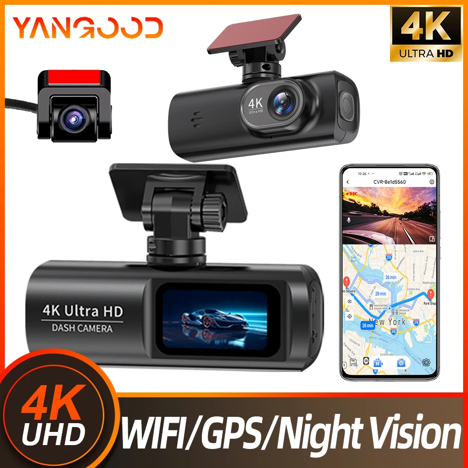 Yangood 4K Dashcam ثنائي القناة مسجل فيديو جهاز تسجيل فيديو رقمي للسيارات دعم 1080P كاميرا الرؤية الخلفية واي فاي نظام تحديد المواقع وضع وقوف السيارات G-الاستشعار الصندوق الأسود