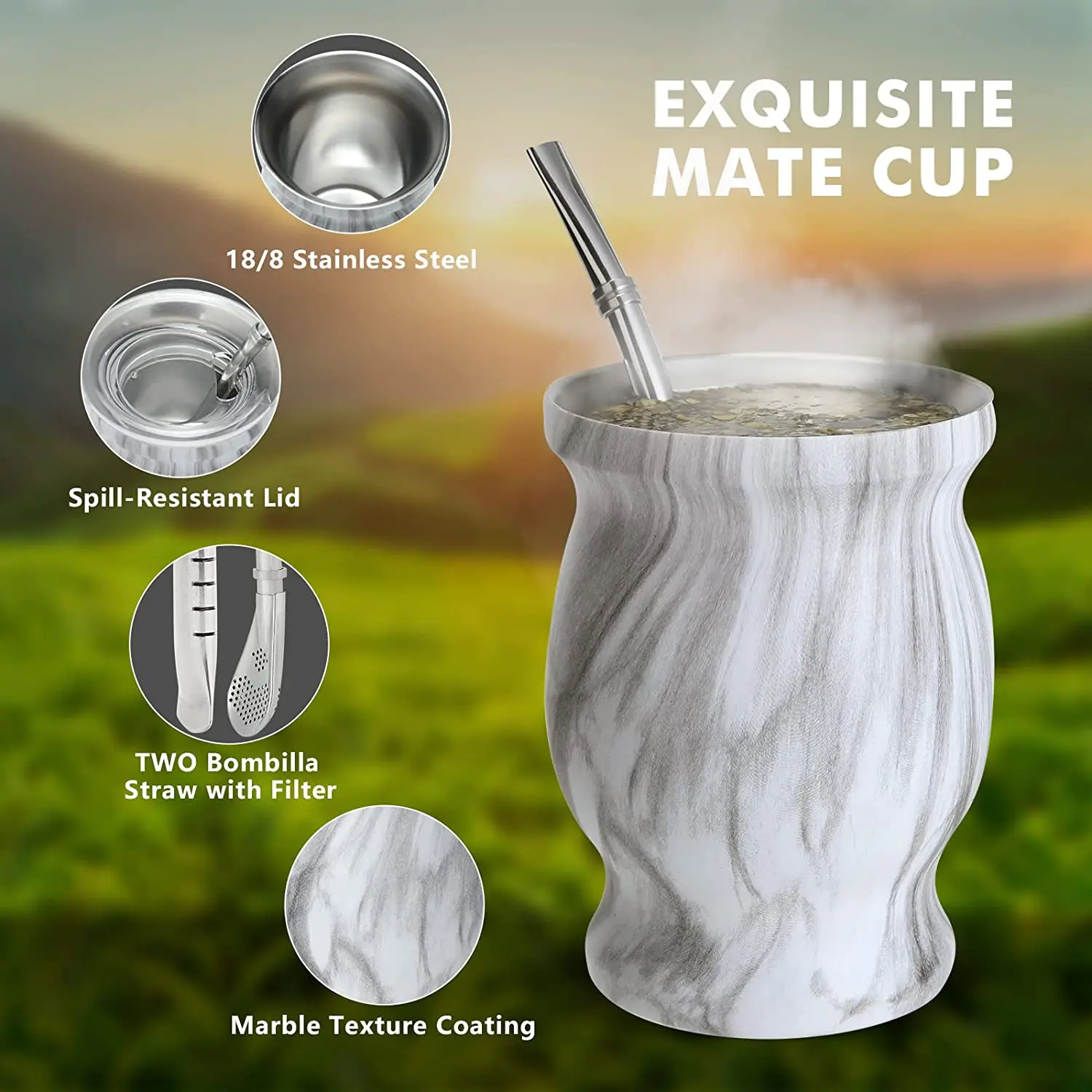 Yerba Mate Natural Gourd/Tea Cup Set With Lid (Original Traditional Mate Cup - 230ML) | Includes 2 Bombillas (Yerba Mate Straws)