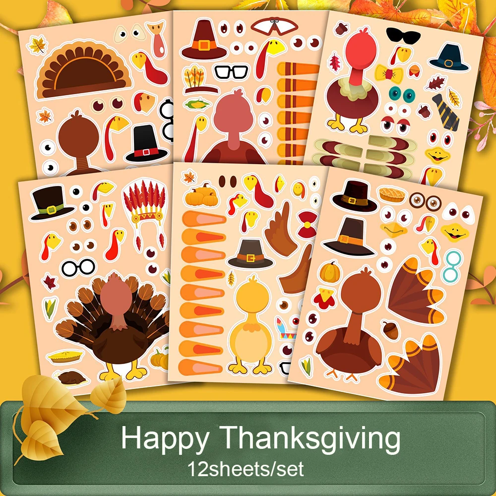 6/12Sheets Make A Turkey Puzzle Stickers DIY Toy Kids Game Sticker Thanksgiving Party Fall Harvest Decorations Assemble Jigsaw