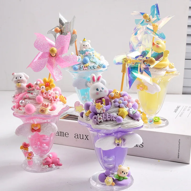 DIY Windmill Ice Cream Cup Kit Cream Glue Simulation Food Play Set Handmade Slime Crystal Juice Cup Craft Material Pack for Kids