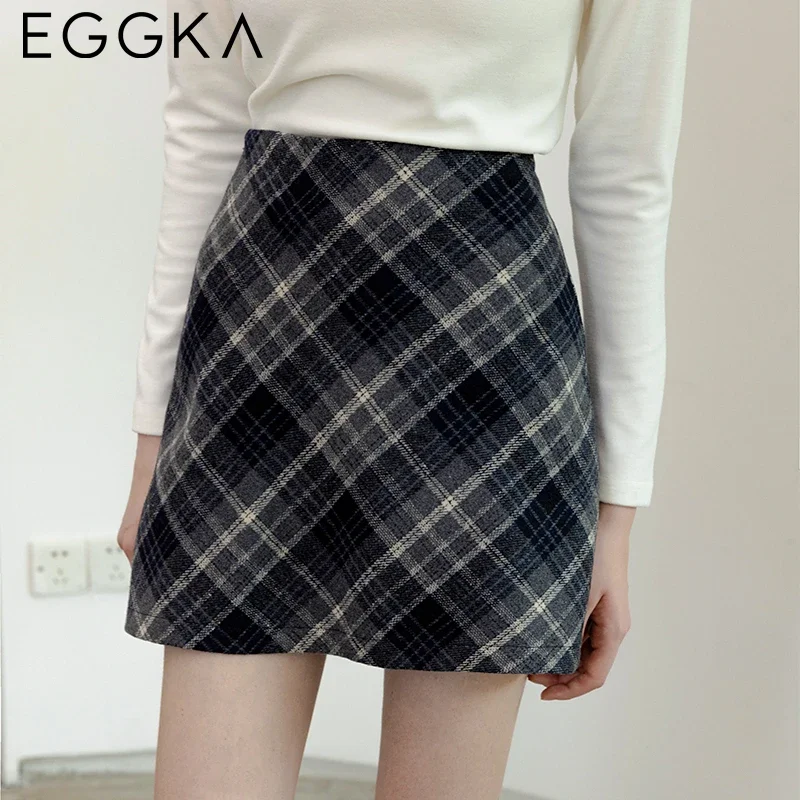 EGGKA Woolen High Waist Mini Skirts Retro Brown Plaid A-line Skirt Female Autumn Winter Slim Fit Midi Skirt with Belt 2024 New