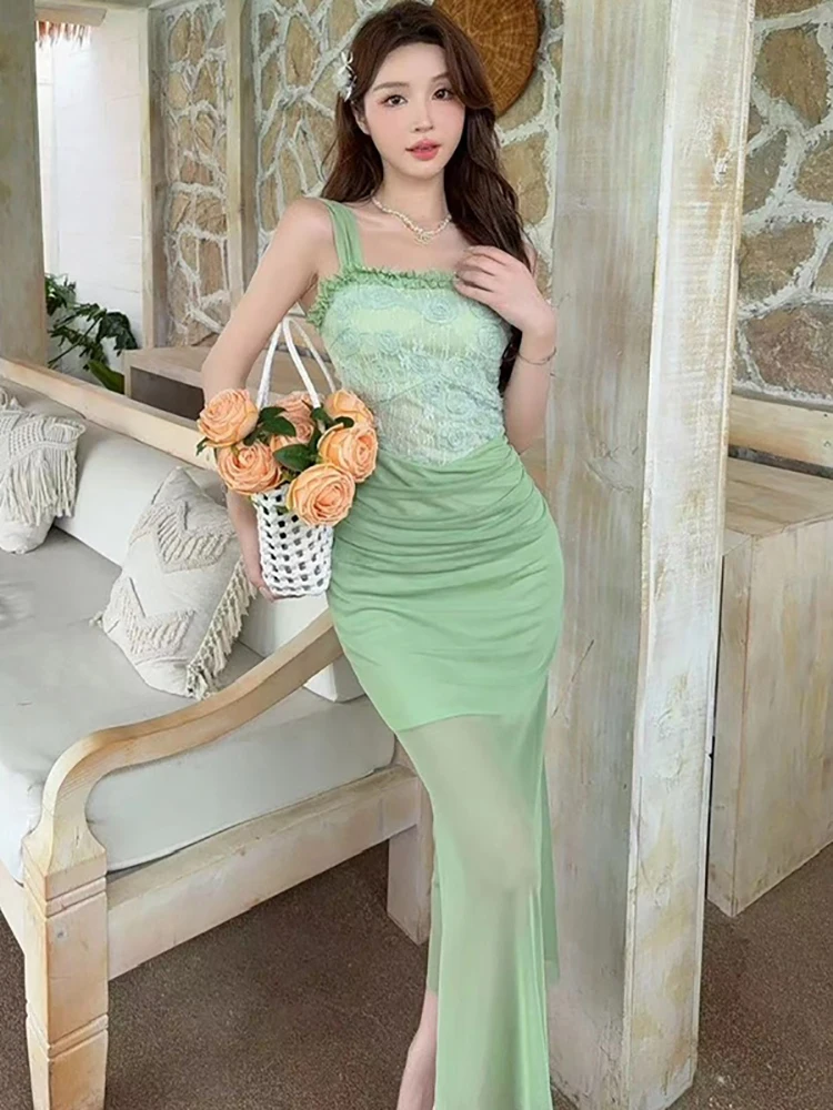 2025 Nuovo verde maglia patchwork pizzo jacquard abito lungo donna elegante fionda abito sexy estate coreano aderente abito da sera di lusso