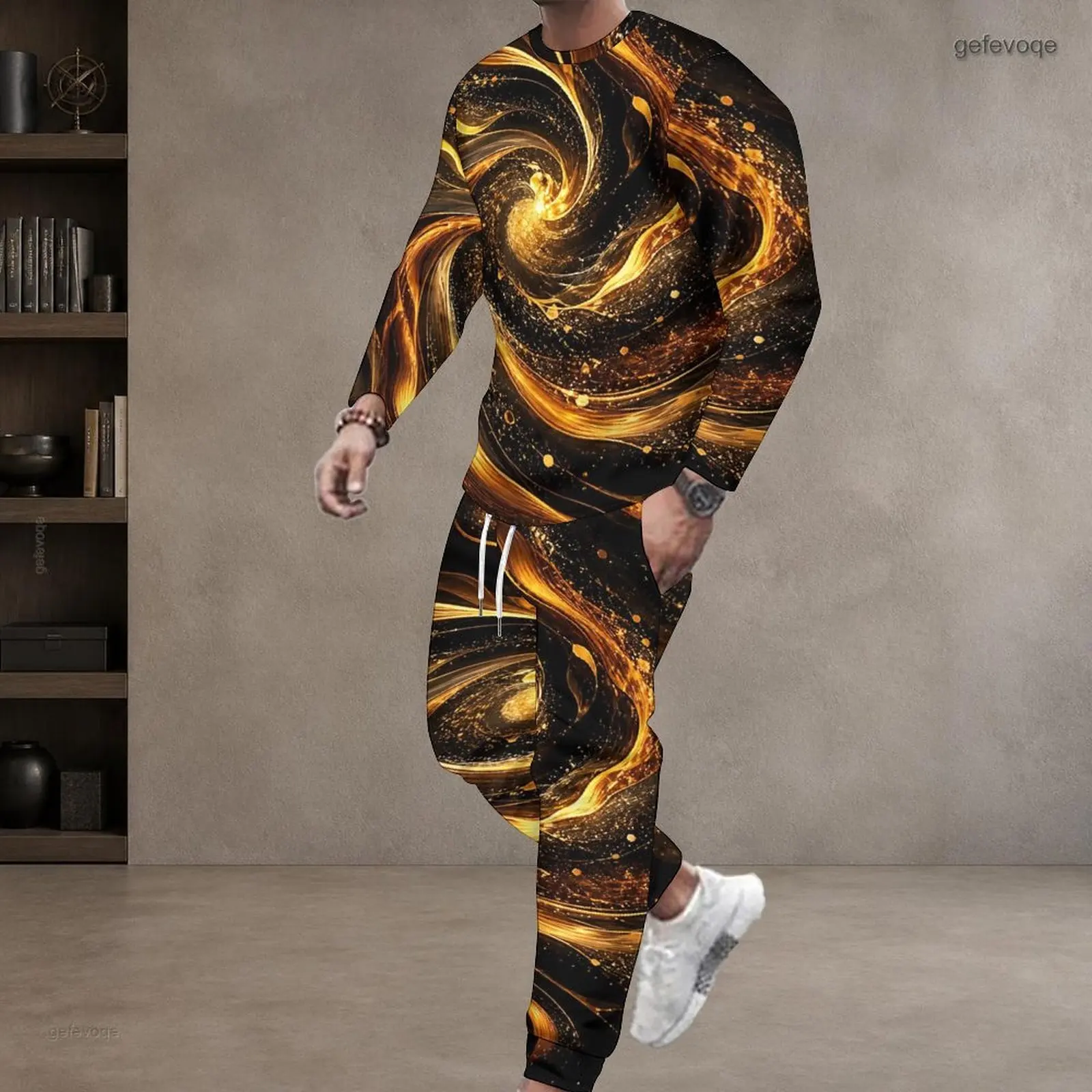 Men Black Golden Swirl Spiral Printed Round Neck Long Sleeve Top and Cuffed Pants Two Piece Set