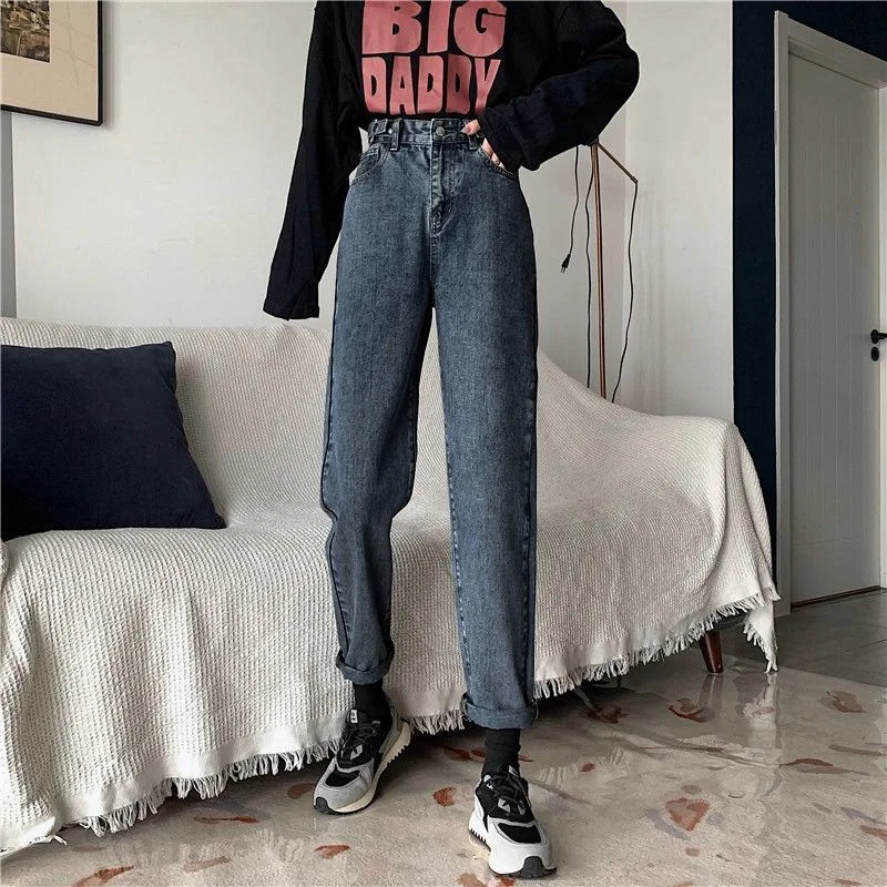 

High Waist Straight Leg Denim Jeans Women Students Spring Autumn New Style Harlan Dad Cucumber Pants Loose Slimming Blue