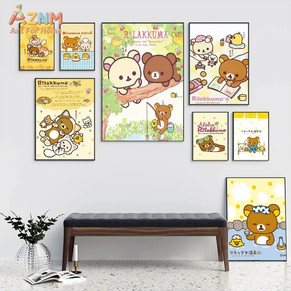 AZNM Rilakkuma Frameless Canvas Wall Art - Cute Group Character Poster with Korilakkuma and Kiiroitori, Yellow Kawaii Art Design