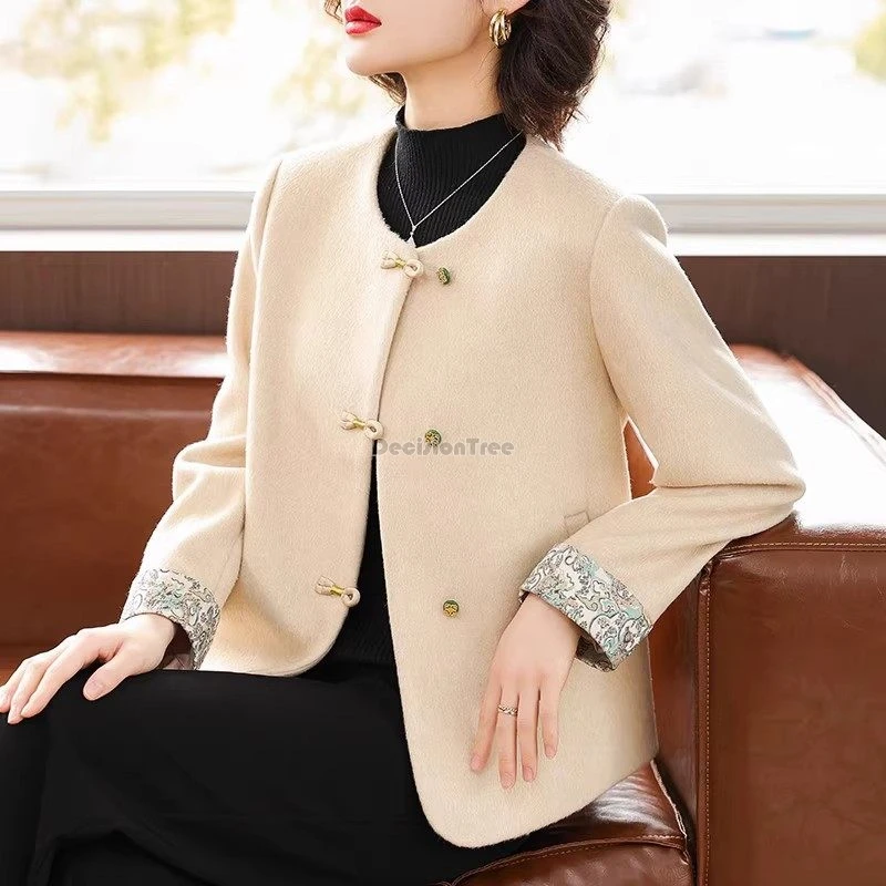 

2025 New chinese national retro style autumn woolen tang suit coat women long sleeve cheongsam button loose elegant thicked top