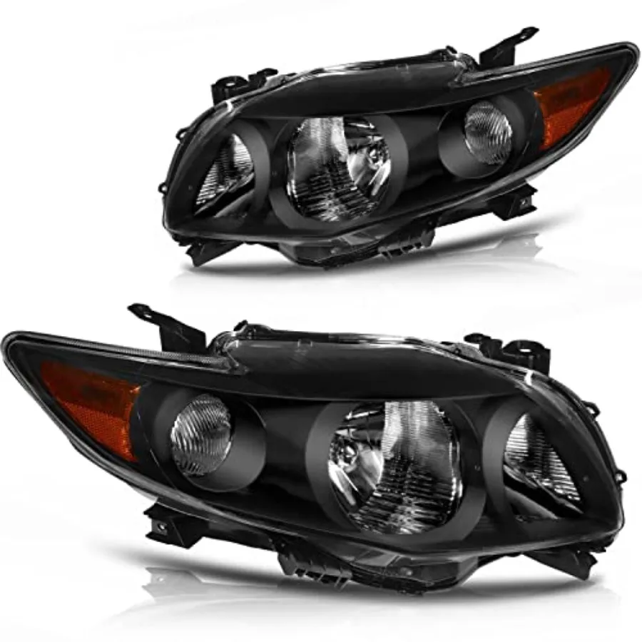 

Headlight Assembly Pair Replacement For 2009-2010 for Corolla Black Housing Amber Reflector Clear Lens Bulbs Not Included