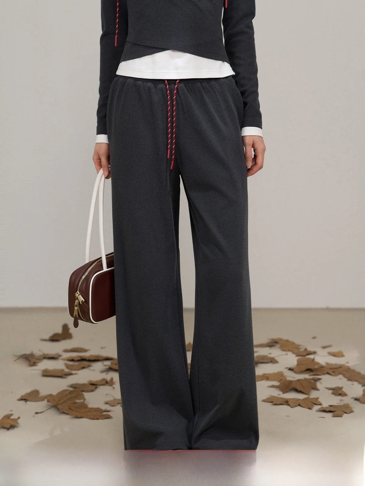 

Deep ey High Waist Elastic Casual Pants Women's Loose Wide Leg Straight Cut Trousers Autumn New Sle Small Size Ladies