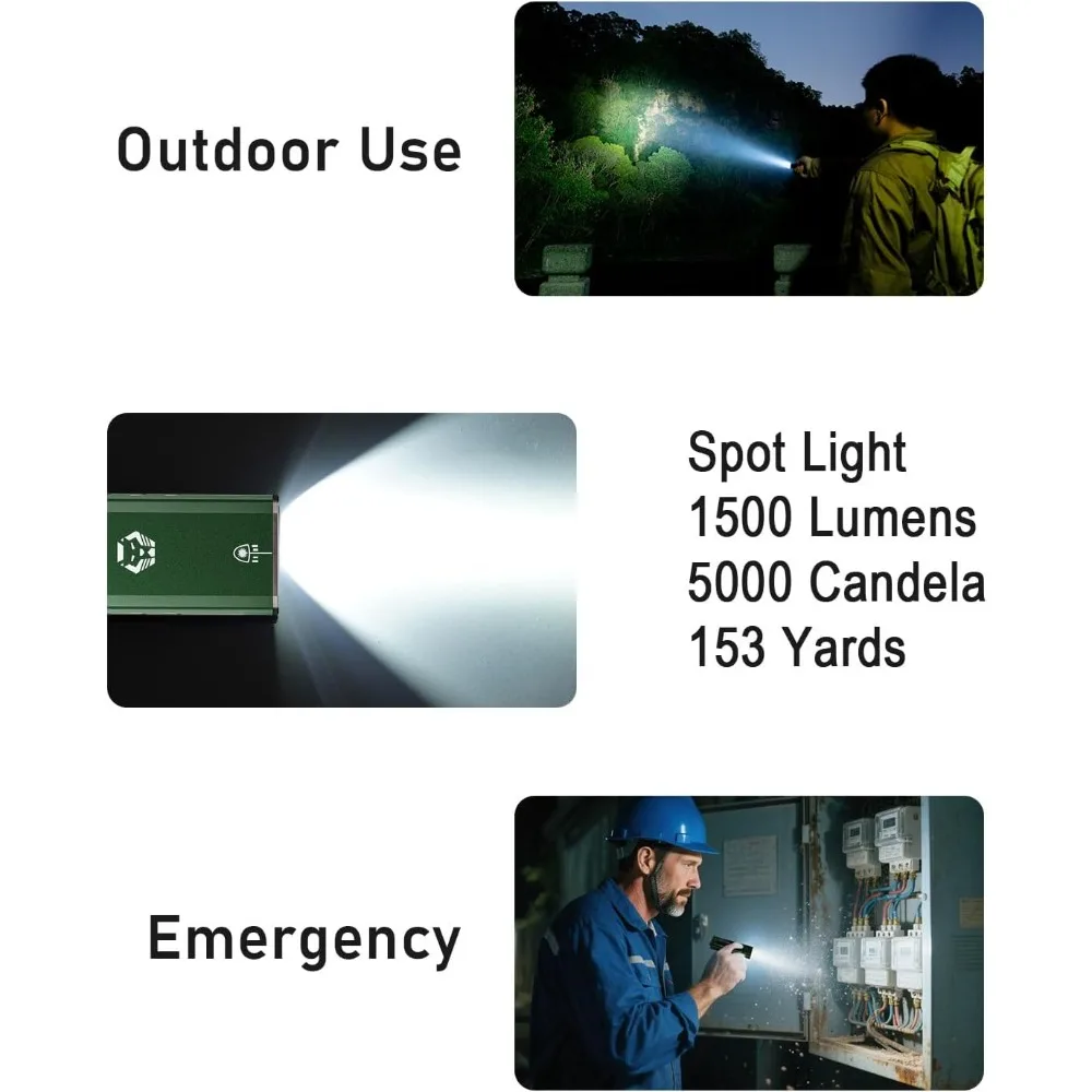 EDC Flashlight 1500 Lumen White Green Beam 365nm UV USB C Rechargeable Triple Sidelight for Outdoor Work Signaling