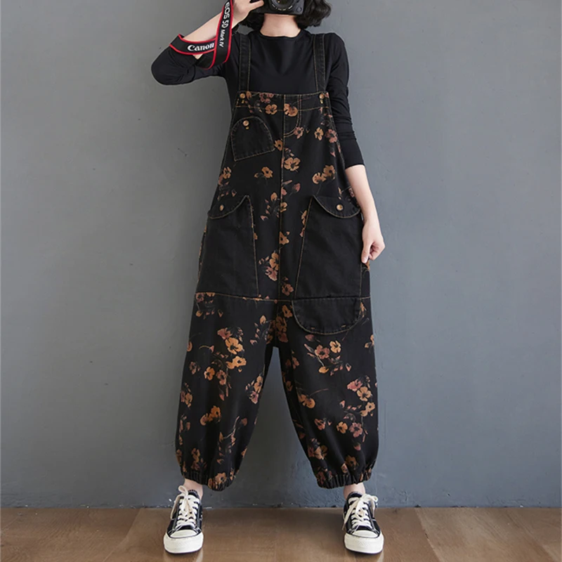 Vintage Print Floral Denim Jumpsuit Women Loose Wide Leg Baggy Straps Cargo Pants Streetwear Big Size Black Jeans Overalls Femme