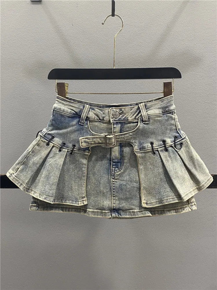 

Retro American Denim Skirt Women's Spring Summer Design Slimming Sexy A-Line Pleated Short Skirt High Waist Cotton Polye...