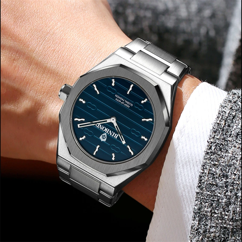 BINBOND Men Watch Light Luxury Brand Stainless Steel Men\'s octagon Waterproof Male Business Leisure Fashion Quartz Clock Watches