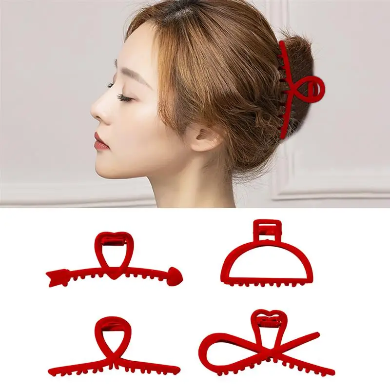 

4Pcs Fashion Red Color Women Hair Claw Elegant Geometric Metal Hollow Hair Shark Clips Headwear Hairpin Crab Hair Accessories