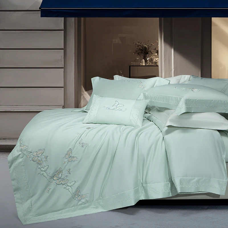 Luxury Butterfly Embroidery Bedding Set Premium 1000TC Egyptian Cotton Duvet Cover Bed Sheet/Fitted Sheet Pillowcases 4Pcs