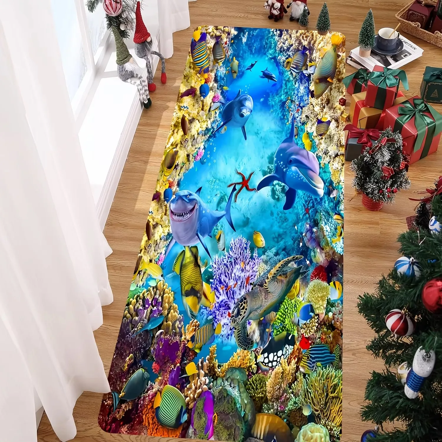 3D Underwater World with Dolphins & Fish Print Runner Rug, Non-Slip Washable Durable Floor Mat for Living Room & Ocean Themed