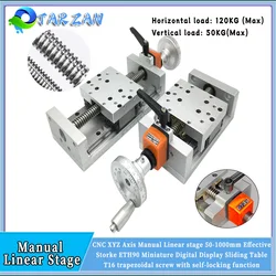 Manual Sliding Table 50-1000mm Stroke T-type Screw Linear actuator Digital Display Position Counter 120KG Linear rail XYZ CNC
