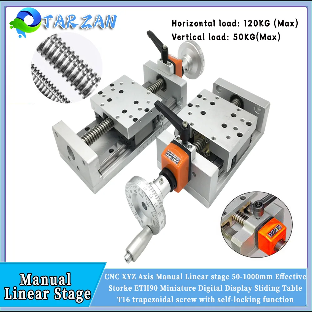 Manual Sliding Table 50-1000mm Stroke T-type Screw Linear actuator  Digital Display Position Counter 120KG Linear rail XYZ CNC