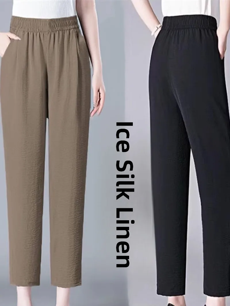 

Ice Silk Hemp Women's Casual Pants Thin High Waist Nine Points Harlan Pants Single Two-Piece Large Size Summer Leisure