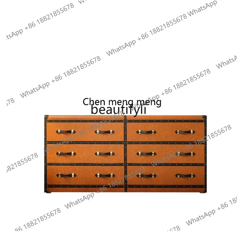 

French antique chest, retro luggage, leather five-draw American country storage high cabinet