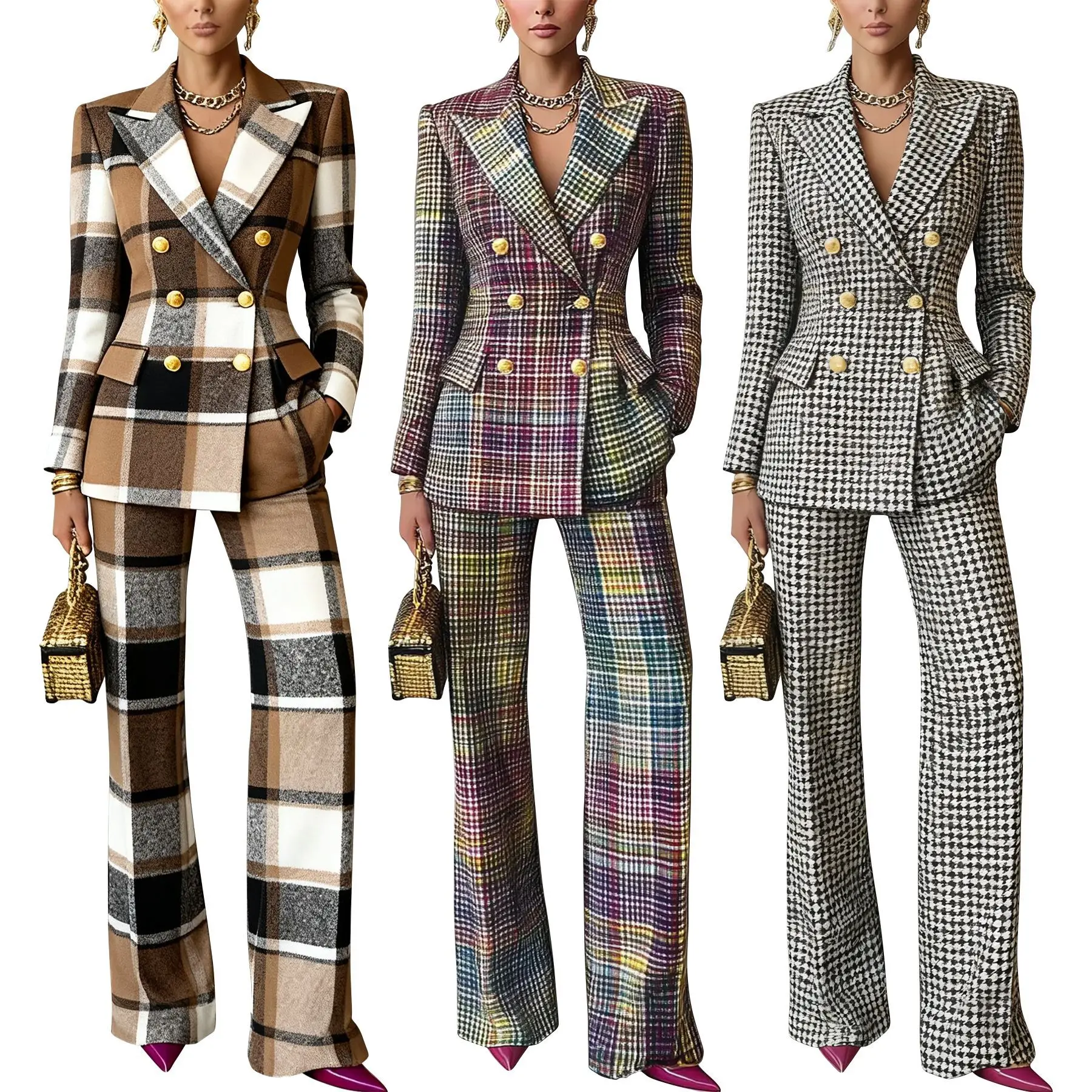 Women's Checkered Slimming Suit Pants Set Long Sleeve Fashion Autumn Commuter Outfit 2026 Style