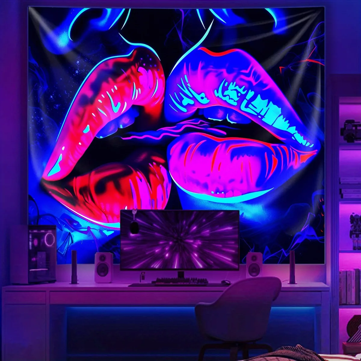 Neon Lips Tapestry Wall Hanging, Psychedelic Mouth Art, Trippy Aesthetic Decor, Abstract Pop Art Poster for Bedroom Living Room